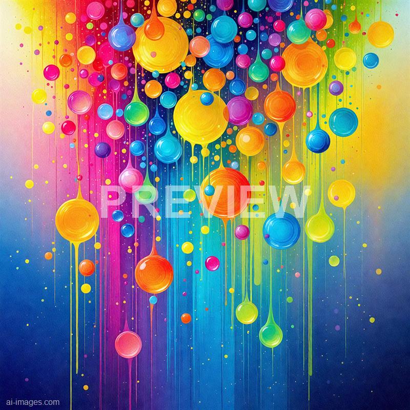 The image features an explosion of colorful, spherical shapes resembling bubbles or orbs, cascading downward against a vibrant, rainbow-colored background. The orbs vary in size and are painted with a glossy, textured appearance, with some dripping or melting into streaks of color that blend seamlessly into the background, creating a dynamic and lively visual effect. The overall composition is energetic and playful, with a sense of movement and depth created by the overlapping shapes and vibrant hues.